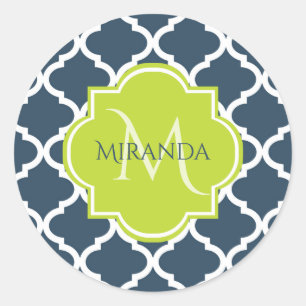 Elegant Monogram Navy Green Quatrefoil and Name Classic Round Sticker