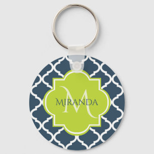 Elegant Monogram Navy Green Quatrefoil and Name Keychain