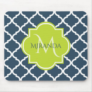 Elegant Monogram Navy Green Quatrefoil and Name Mouse Pad