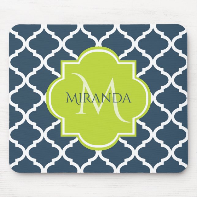Elegant Monogram Navy Green Quatrefoil and Name Mouse Pad (Front)