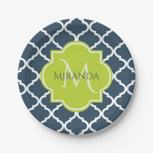 Elegant Monogram Navy Green Quatrefoil and Name Paper Plate