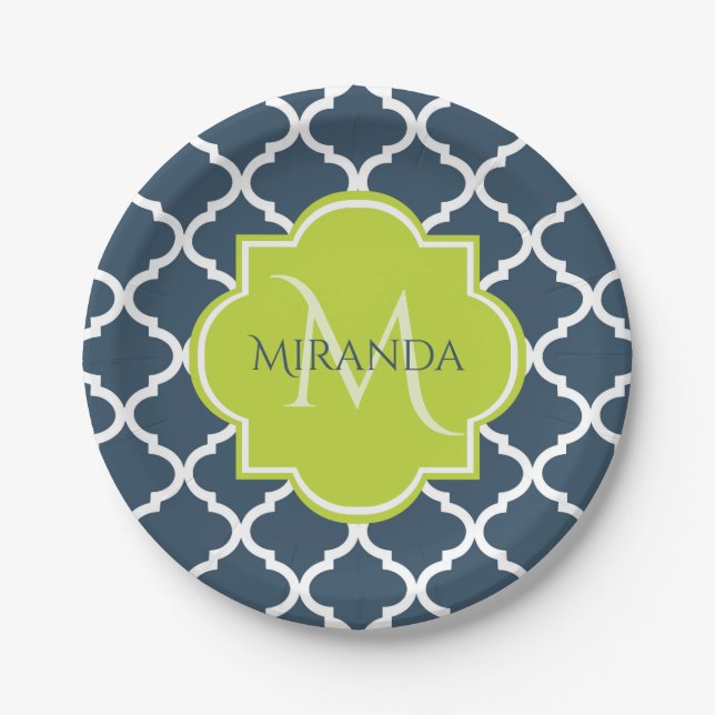 Elegant Monogram Navy Green Quatrefoil and Name Paper Plate (Front)