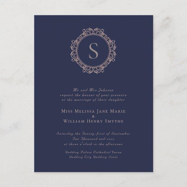 Elegant Monogram Navy Wedding Invitation Postcard (Front)