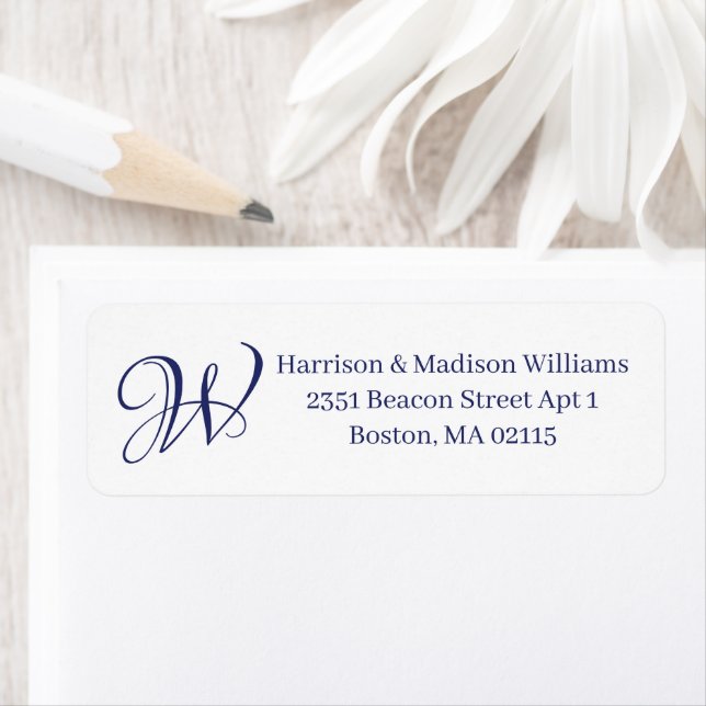 Elegant Monogram navy white custom Return Address  (Insitu)