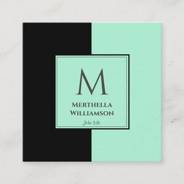 Elegant MONOGRAM Neo Mint Black Square Business Card (Front)
