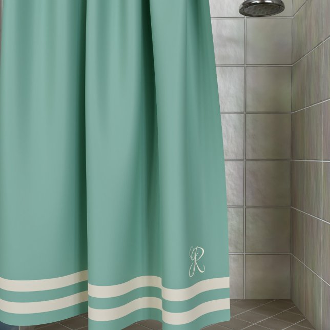 Elegant Monogram Ocean Green Cream Striped (Aquamarine green shower curtain with space for your initial. Check out the collection for bath mats)
