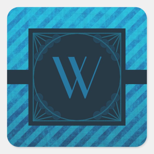 Elegant Monogram on Blue Diagonal Stripes Square Sticker (Front)
