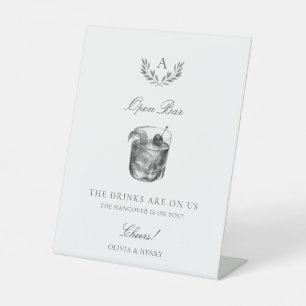 Elegant Monogram Open Bar Wedding Pedestal Sign