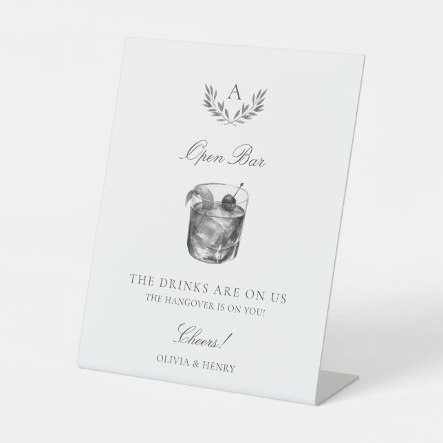 Elegant Monogram Open Bar Wedding Pedestal Sign (Front)