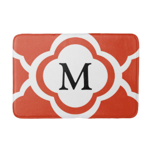 Elegant Monogram Orange Quatrefoil Pattern Bath Mat