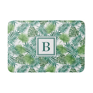 Elegant Monogram Palm Leaves Pattern Bath Mat