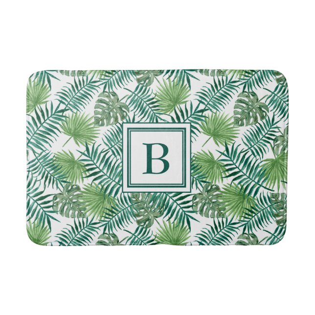 Elegant Monogram Palm Leaves Pattern Bath Mat (Front)