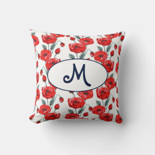 Elegant monogram pattern with red poppy flowers throw pillow