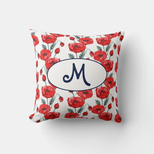 Elegant monogram pattern with red poppy flowers throw pillow (Front)