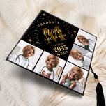 Elegant Monogram Personalized Black Gold 5 Photo  Graduation Cap Topper<br><div class="desc">Celebrate your graduation with our modern and unique graduation cap topper featuring a stunning photo collage design that can showcase up to 5 of your favourite senior memories. The sleek modern design is perfect for a modern look, while the gold stars add a touch of elegance to your special day....</div>