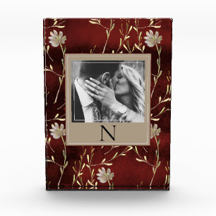 Elegant Monogram Photo Burgundy Floral Block