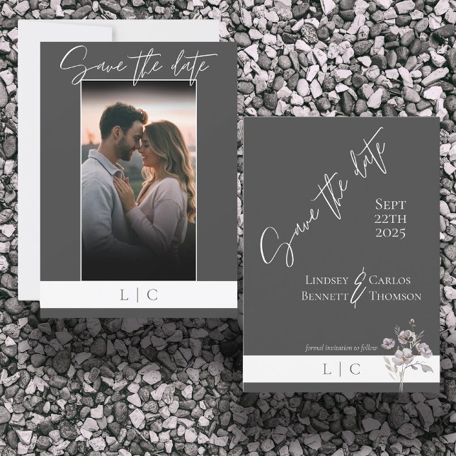 Elegant Monogram Photo Caligraphy Dark Grey  Save The Date (Creator Uploaded)