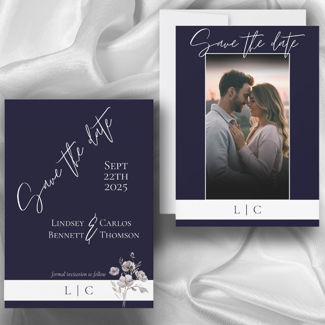 Elegant Monogram Photo Caligraphy Dark Navy Save The Date (Creator Uploaded)