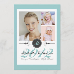 Elegant Monogram Photo Collage Graduation Teal Invitation