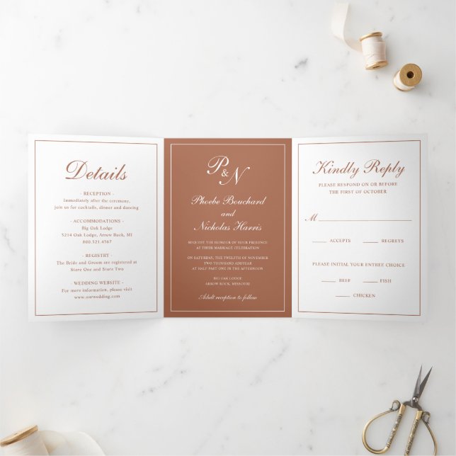 Elegant Monogram Photo Formal Terracotta Wedding Tri-Fold Invitation (Inside)
