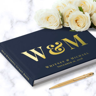 Elegant Monogram Photo Navy Blue Wedding Guest Book