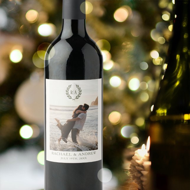 Elegant Monogram Photo Wedding Wreath Green Wine Label (Creator Uploaded)