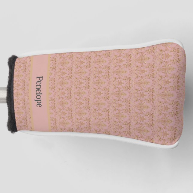 Elegant Monogram Pink and Gold Damask Golf Head Cover (Front)