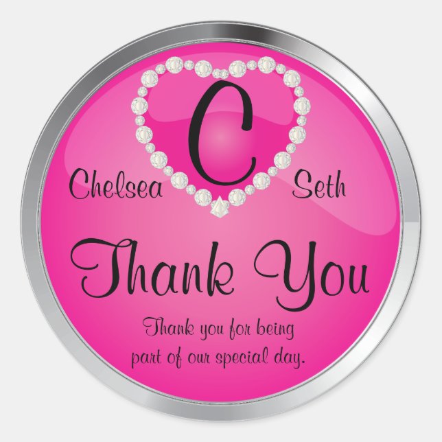 Elegant Monogram Pink and Silver Classic Round Sticker (Front)