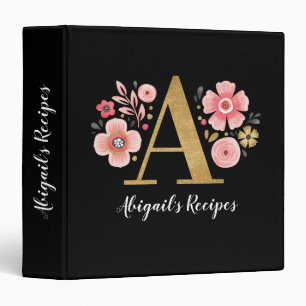 Elegant Monogram Pink Black Floral Cookbook Recipe Binder
