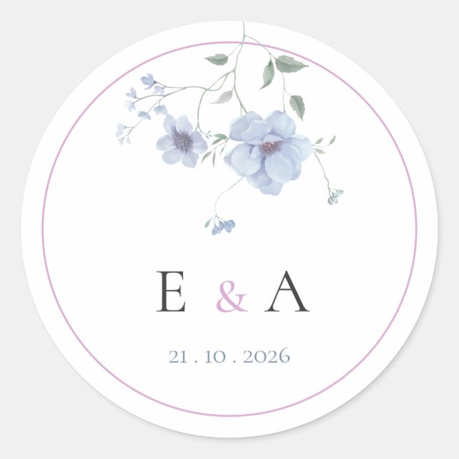 Elegant Monogram Pink & Blue Floral Wedding  Classic Round Sticker (Front)
