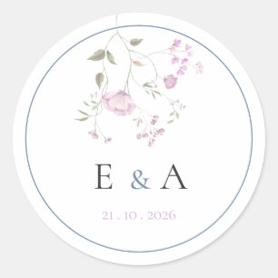 Elegant Monogram Pink & Blue Floral Wedding  Classic Round Sticker