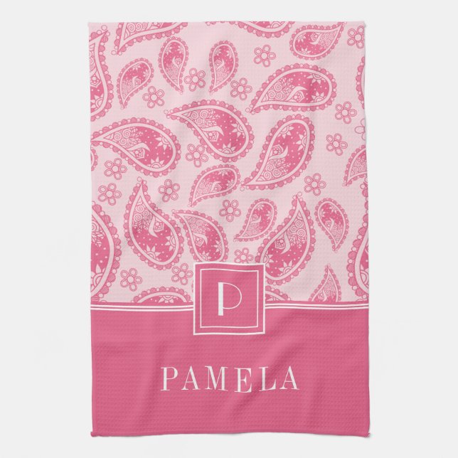Elegant Monogram Pink Pattern Kitchen Towel (Vertical)