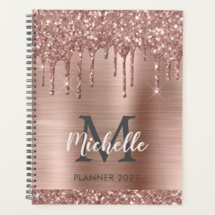 Elegant Monogram Pink Rose Gold Glitter Drips 2024 Planner