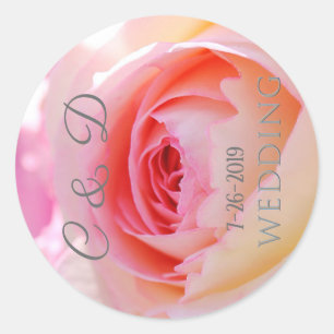 Elegant. Monogram Pink Wedding Rose Classic Round Sticker