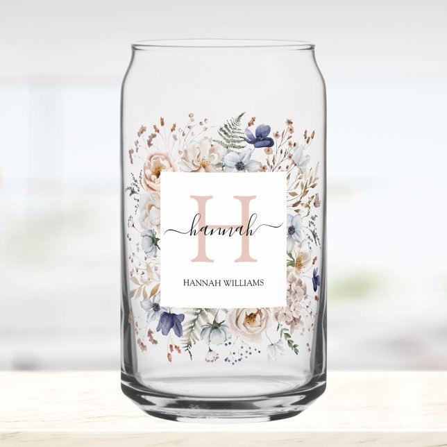 Elegant Monogram Pretty Beige Blue Flowers Floral (In situ)