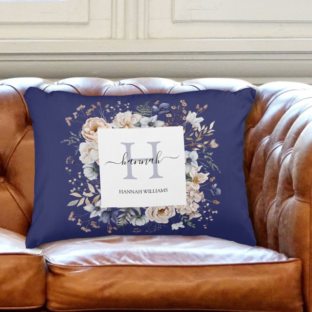 Elegant Monogram Pretty Beige Blue Flowers Floral Accent Pillow (In situ)
