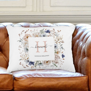 Elegant Monogram Pretty Beige Blue Flowers Floral Accent Pillow