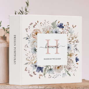Elegant Monogram Pretty Beige Blue Flowers Floral Binder
