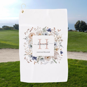 Elegant Monogram Pretty Beige Blue Flowers Floral Golf Towel