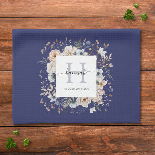 Elegant Monogram Pretty Beige Blue Flowers Floral  Kitchen Towel