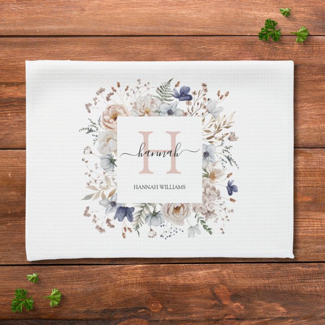 Elegant Monogram Pretty Beige Blue Flowers Floral  Kitchen Towel (In situ)