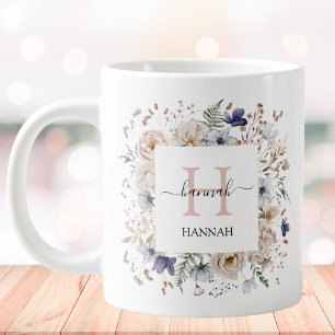 Elegant Monogram Pretty Beige Blue Flowers Floral Large Coffee Mug