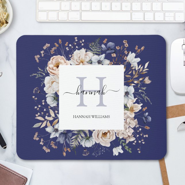Elegant Monogram Pretty Beige Blue Flowers Floral Mouse Pad (In situ)