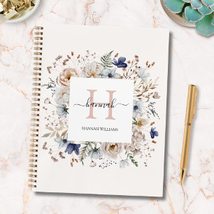 Elegant Monogram Pretty Beige Blue Flowers Floral Notebook