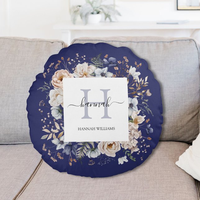 Elegant Monogram Pretty Beige Blue Flowers Floral Round Pillow (In situ)
