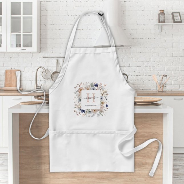 Elegant Monogram Pretty Beige Blue Flowers Floral Standard Apron (In situ)