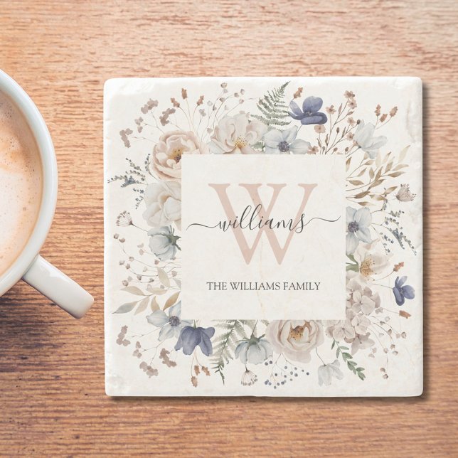 Elegant Monogram Pretty Beige Blue Flowers Floral Stone Coaster (In situ)