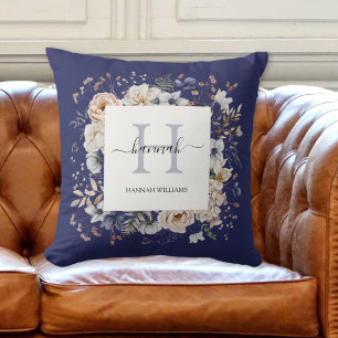 Elegant Monogram Pretty Beige Blue Flowers Floral Throw Pillow