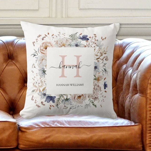 Elegant Monogram Pretty Beige Blue Flowers Floral Throw Pillow (In situ 2)