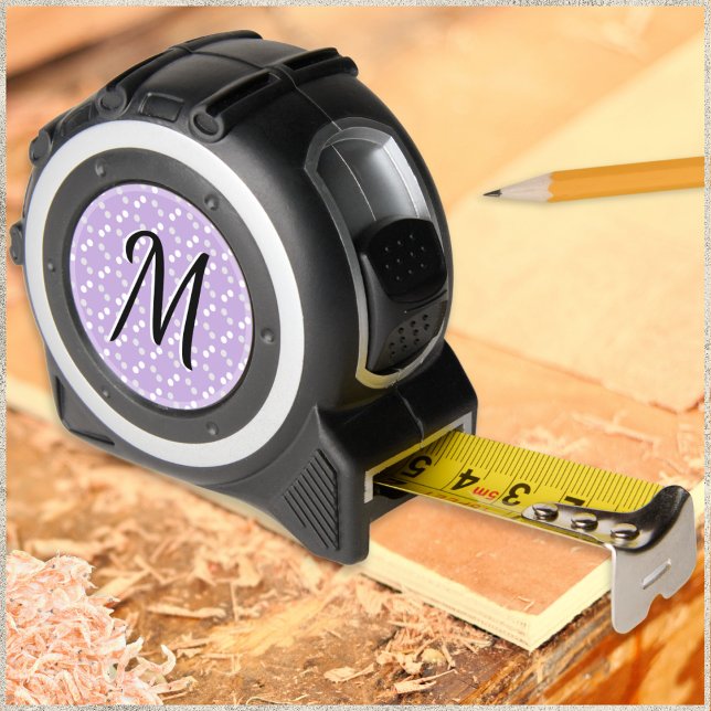 Elegant Monogram Pretty Dots Pattern Lilac Purple 1 (A pretty monogrammed tape measure, patterned with white and gray dots on light purple)